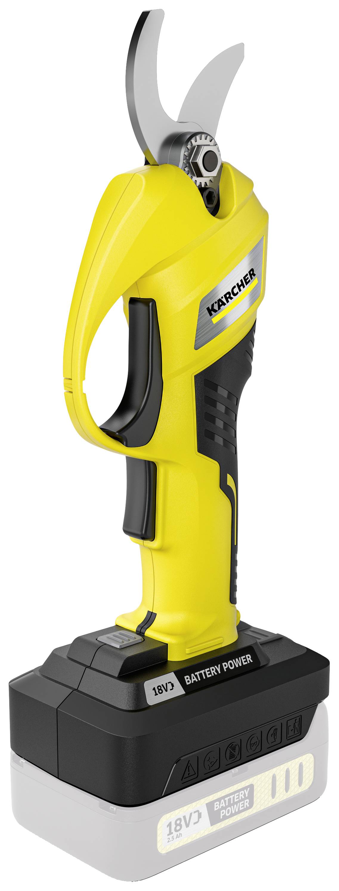 Yellow electric pruning shears with an ergonomic handle and battery from a well-known brand. Ideal for precise and effortless cutting.