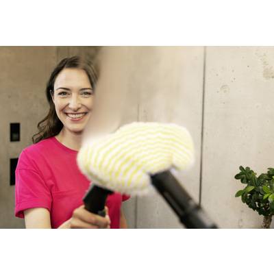 Woman in a red shirt smiling while holding a steam cleaner with a yellow head. Concrete background, plant on the right.