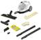 Steam cleaner with accessories: main unit, floor brush, cleaning attachments, extension tubes and cleaning cloths on white background.