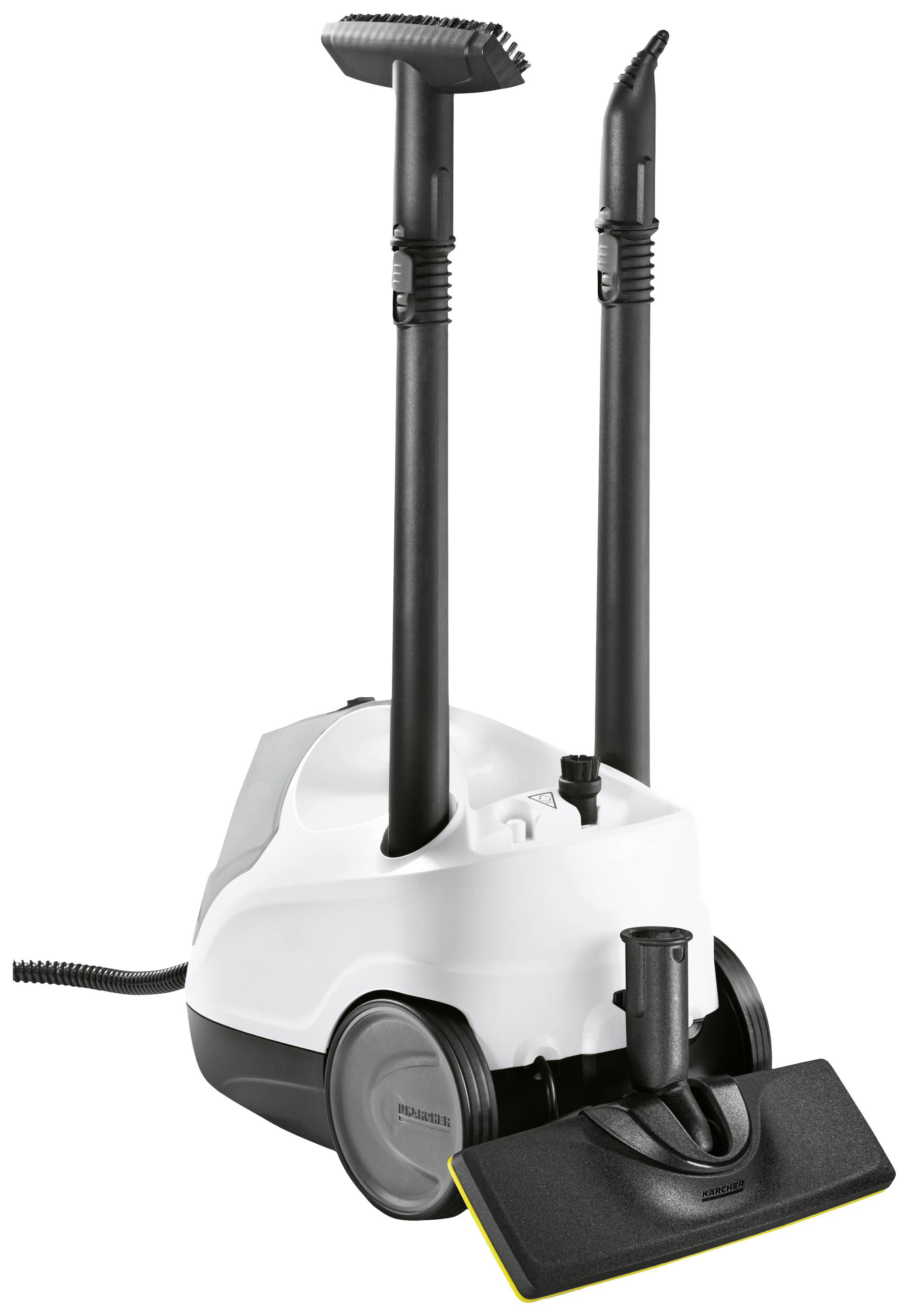 Steam cleaner on a white background with two black attachments; suitable for cleaning floors and surfaces.