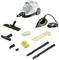 A steam cleaner set with multiple attachments, including a steam iron, cleaning nozzles, and extension tubes. Suitable for various floor and fabric cleaning tasks.