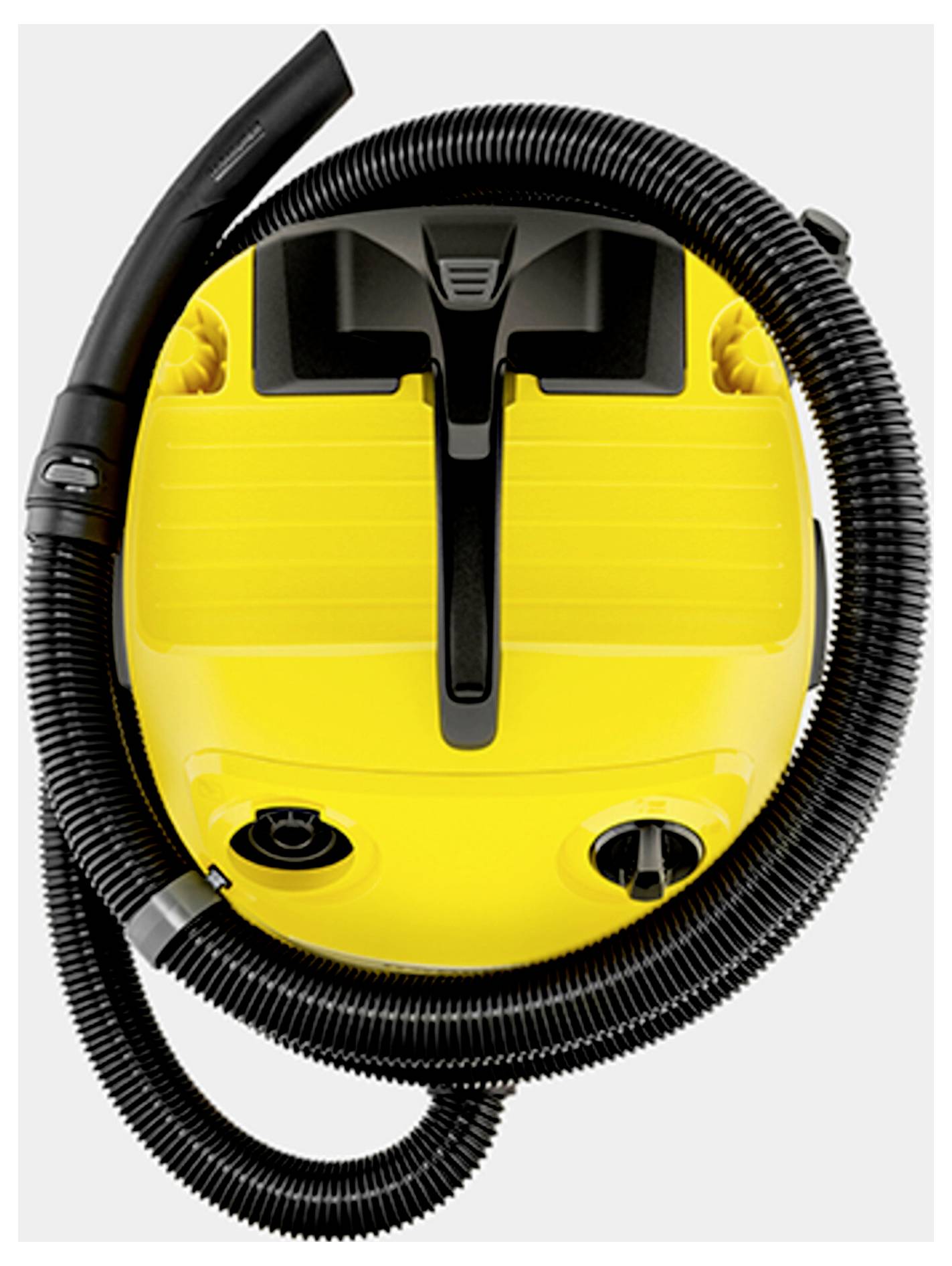 A yellow vacuum cleaner with a long black hose coiled around its body is viewed from above, showing its controls and handle.