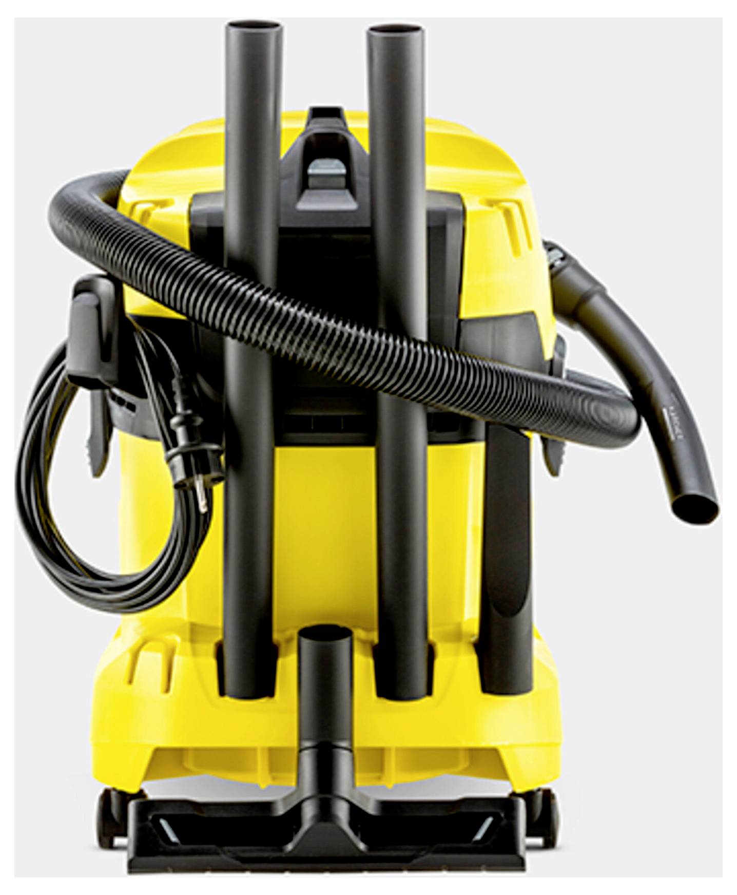 A yellow vacuum cleaner with attached hoses and pipes, viewed from the back, showing cable storage and upright holder for accessories.