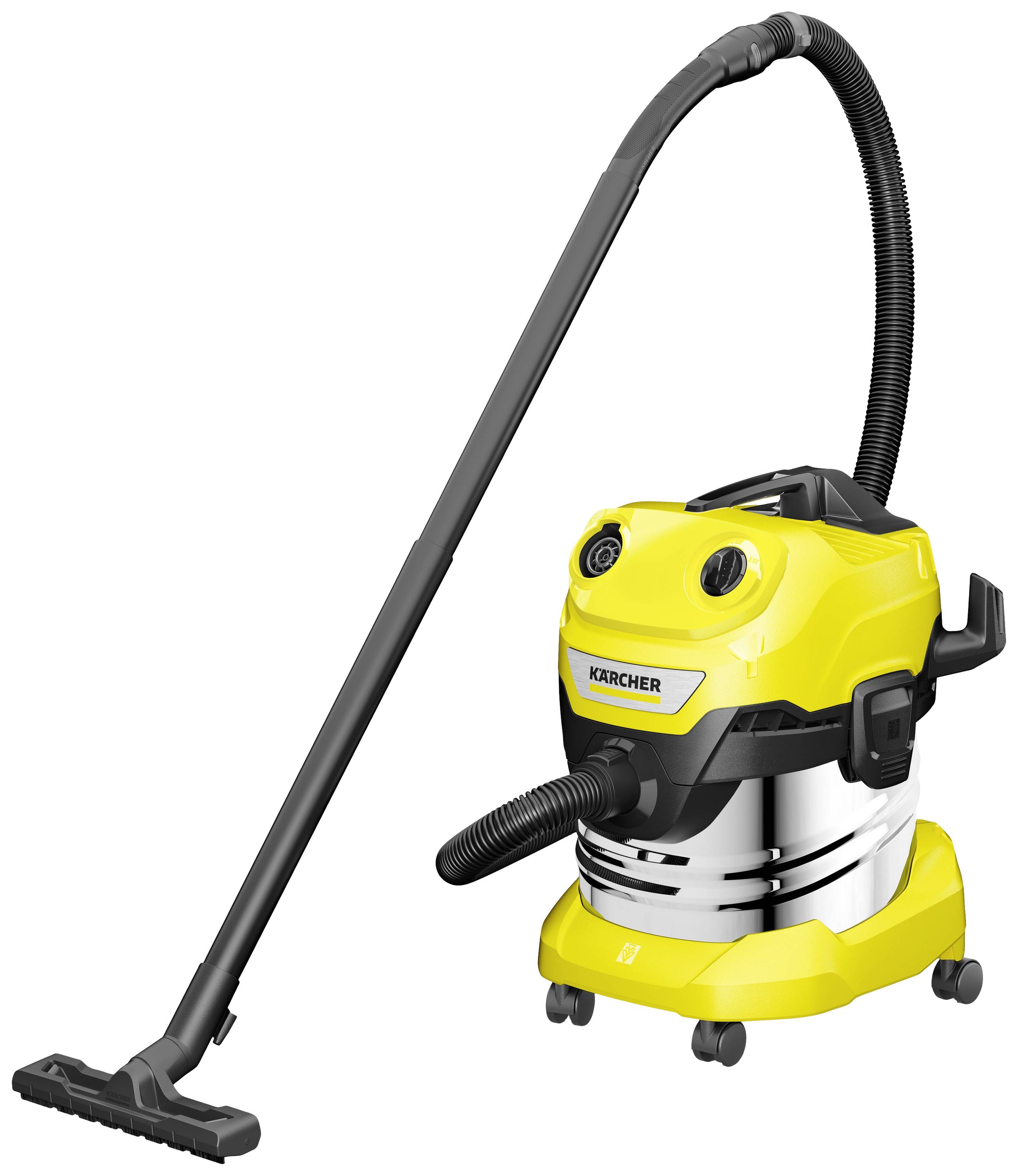 A yellow multi-purpose vacuum cleaner with a long hose and floor nozzle, suitable for wet and dry cleaning. Brand name visible.