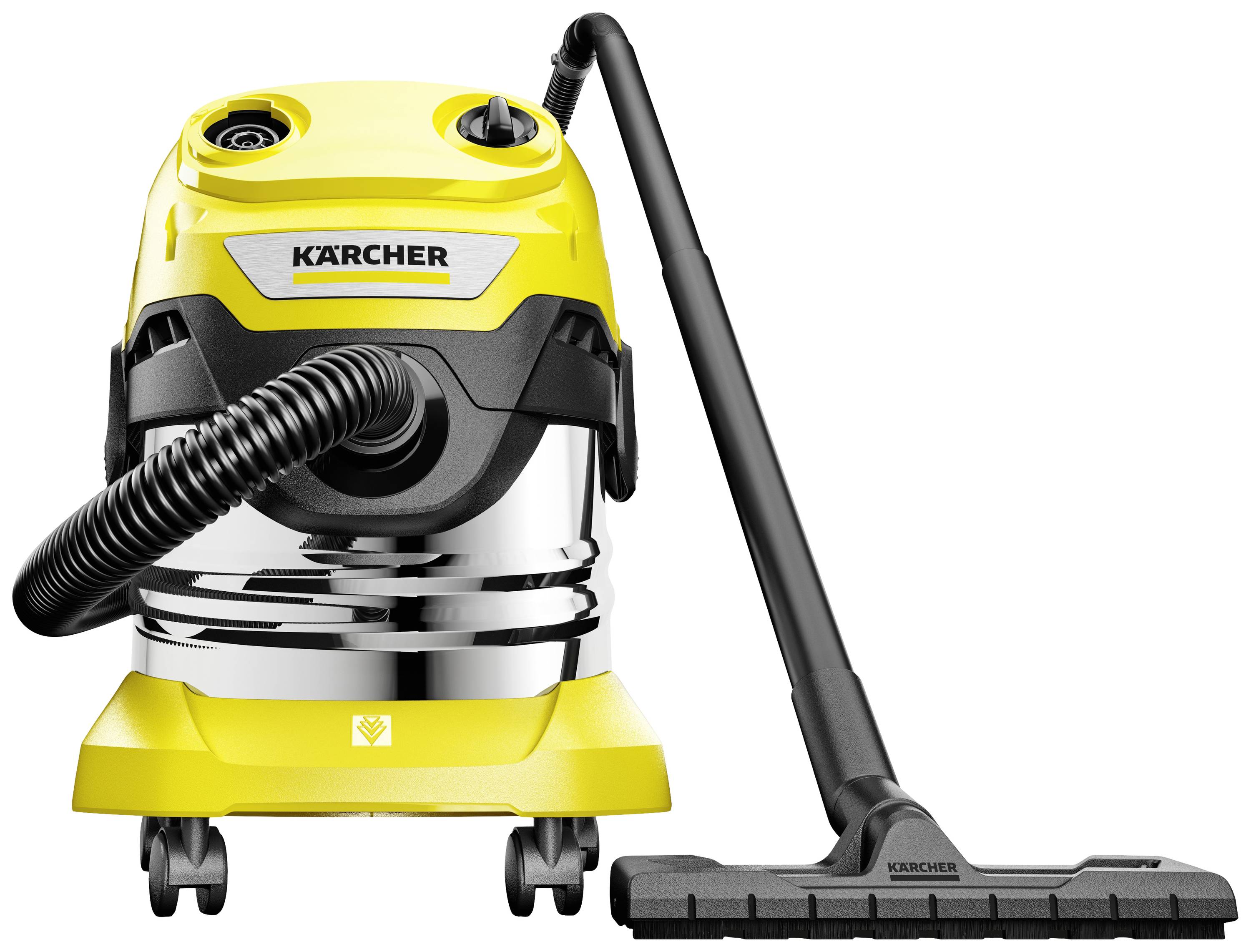 A yellow wet and dry vacuum cleaner with a black suction tube and flexible hose, suitable for versatile cleaning tasks.
