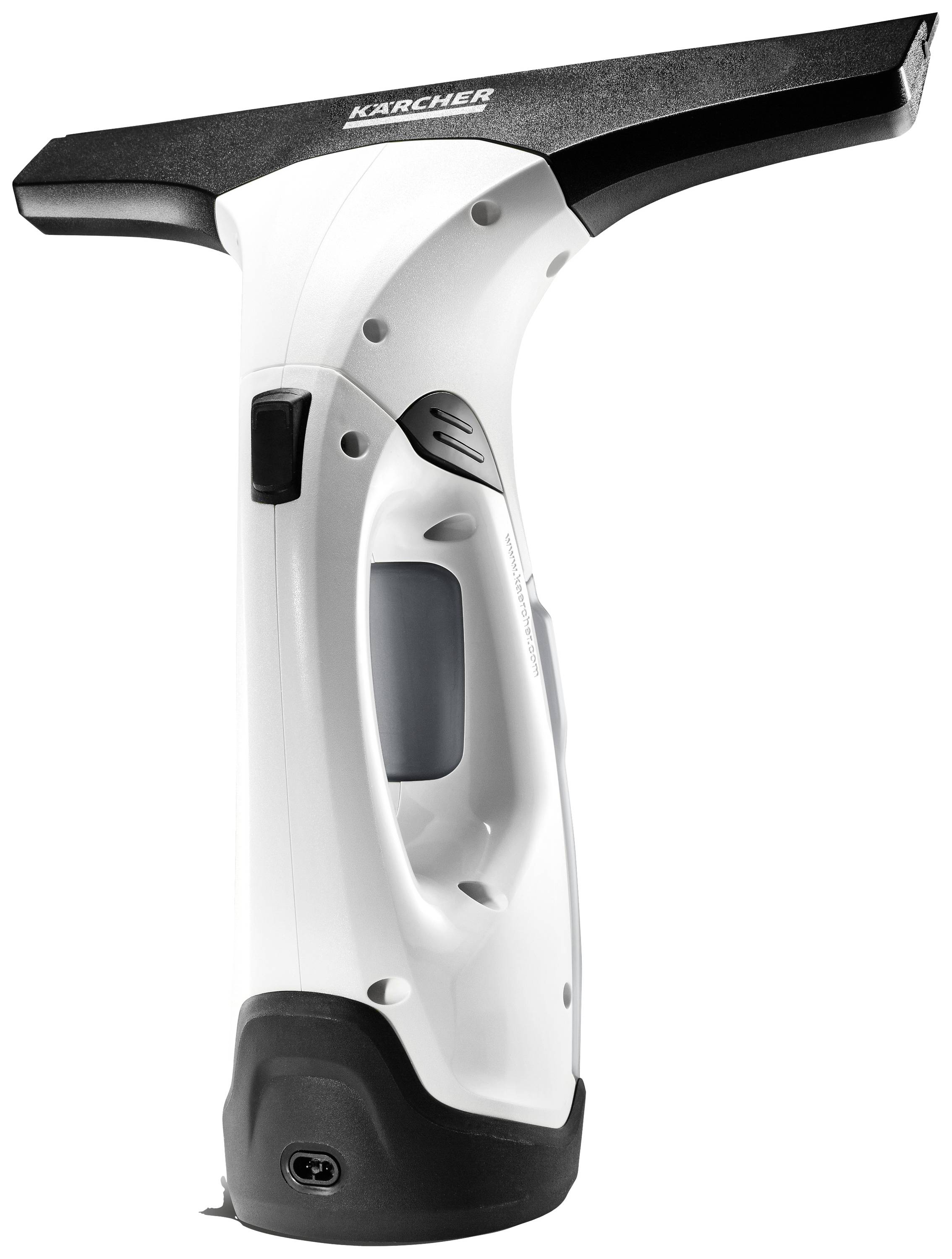 Electric window cleaner with a white casing and black rubber lip on the top surface, enables streak-free cleaning.