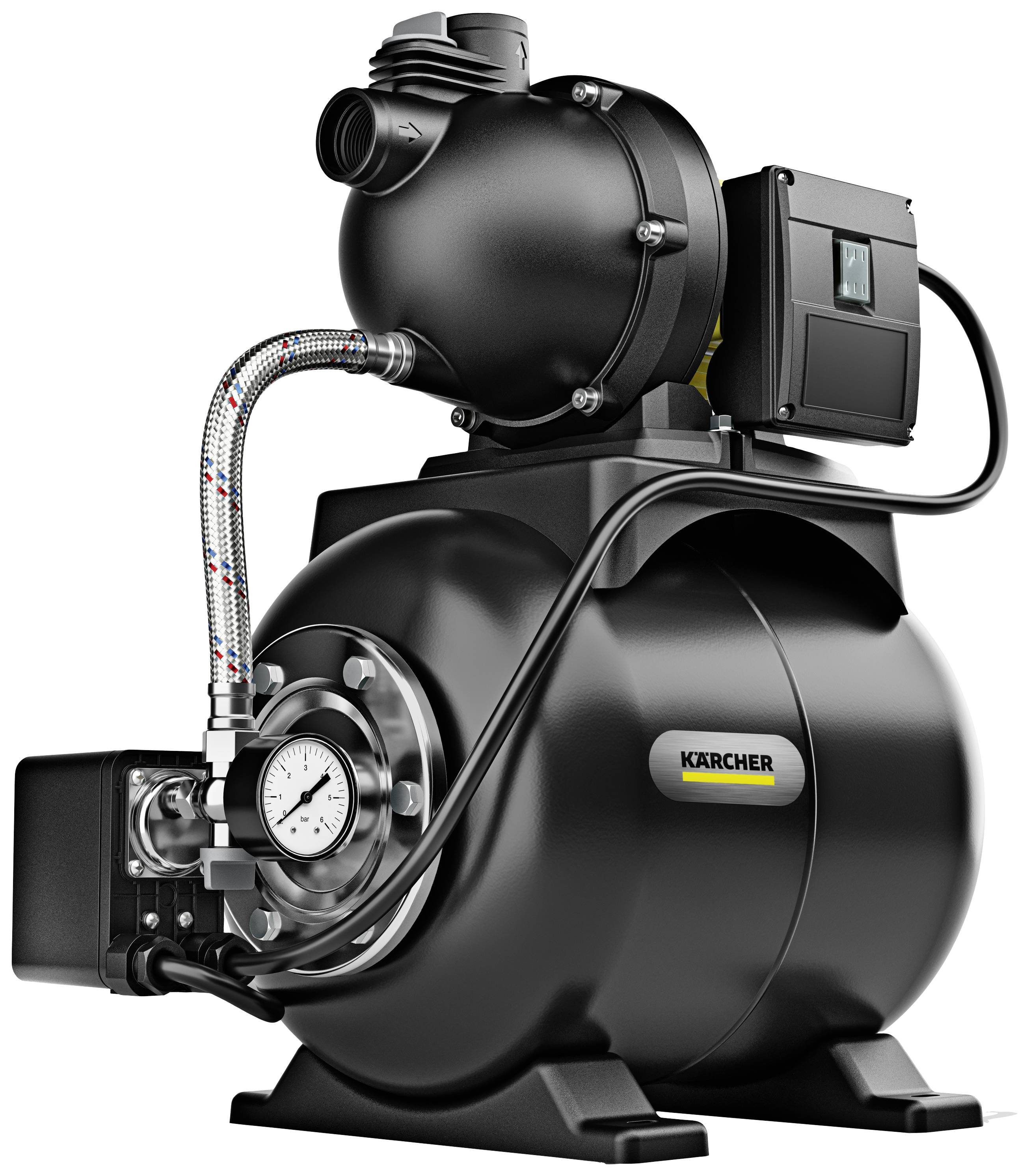 The image depicts a black water pump with a brand logo, pressure gauge, and attached metal pipe, suitable for domestic use.