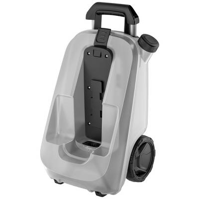 A transparent water container with wheels and a spout. It has a black flap for easy filling and carrying.
