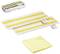 A set of two white cleaning cloths with yellow stripes and a yellow microfibre cloth, used for various cleaning applications.