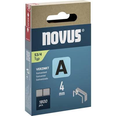 Pack of 1800 galvanised staples by 'Novus', type 53/4, size 4 mm. Packaging displays product name and details.