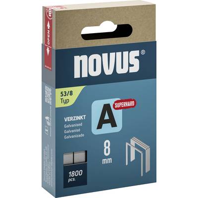 Novus Staples Pack, Type 53/8, Galvanised, 8 mm, 1800 Pieces. Includes illustration of staples and the label 'Superhard'.