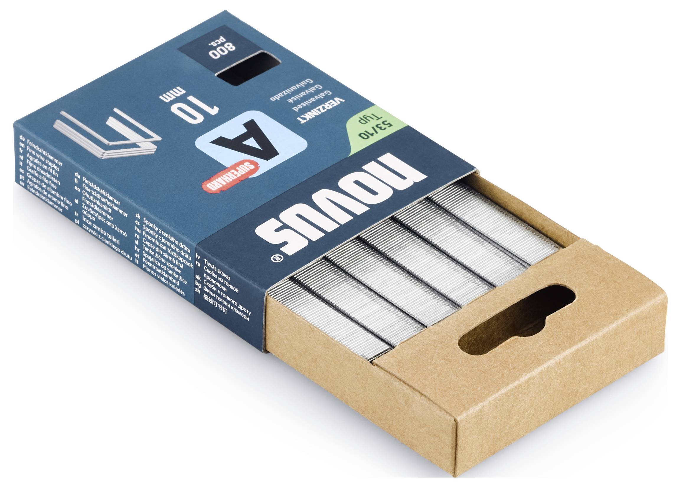 An open box of metal staples, marked with '10 mm' and 'No. 10'. The packaging is blue with a brown cardboard slide drawer.