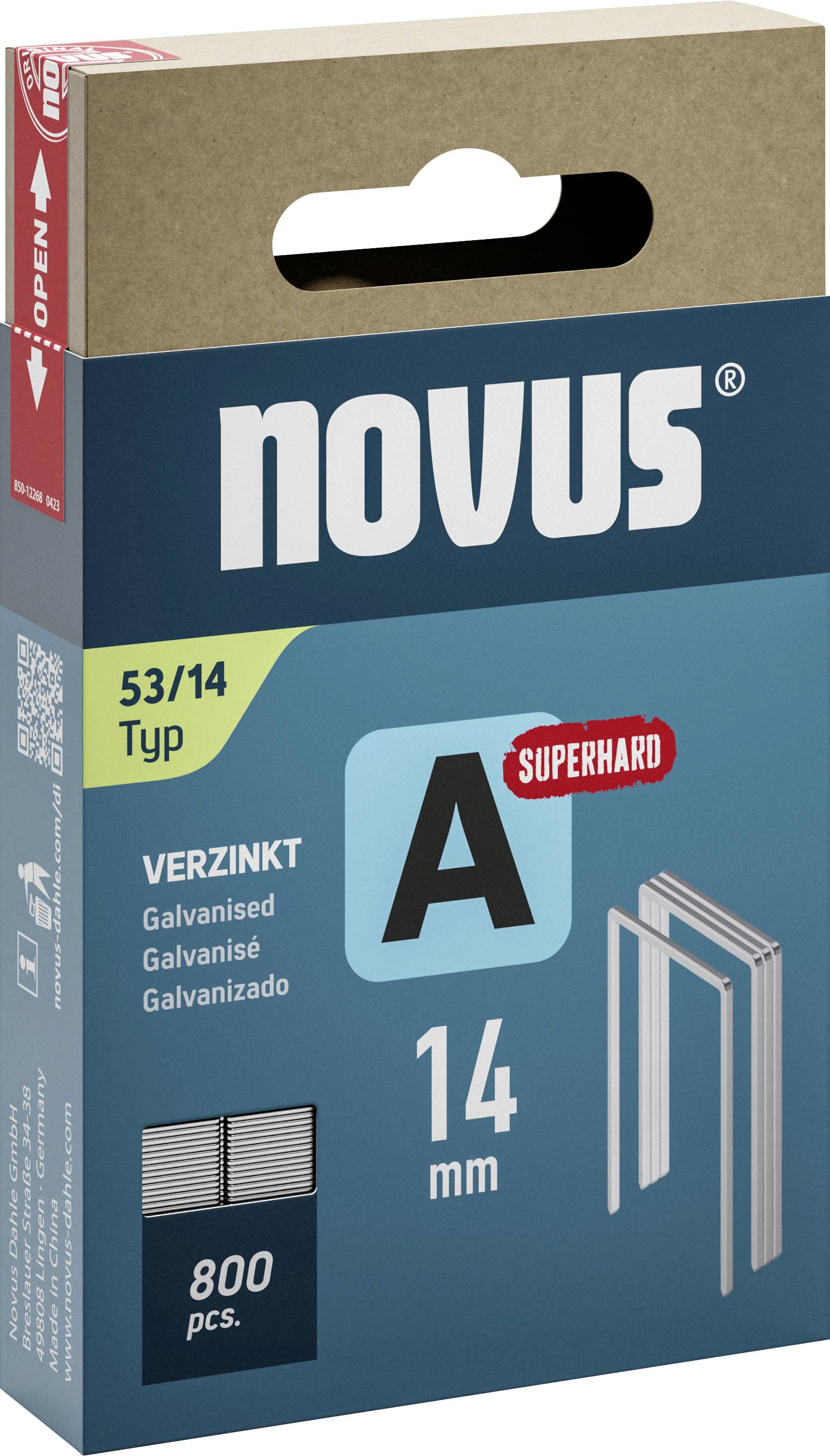 A box of 800 galvanised 14 mm staples by Novus, type 53/14 A, marked with 'Superhard'.