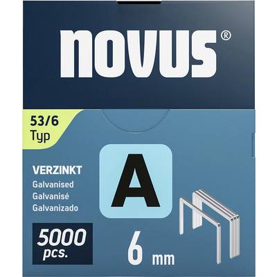 Box of 'novus' staples, type 53/6, galvanised, 5000 pieces, 6 mm. Primary colour is blue with white and yellow text.