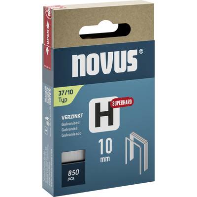 Packaging for Novus Staples, Type 37/10, Galvanised, 850 Pieces. Contains the note 'Super-Hard' and length specification 10 mm.