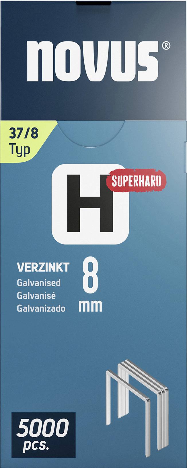 Packaging with label 'Novus', showing staples Type 37/8, superhardened, galvanised, 8 mm. 5,000 pieces. Text in multiple languages.