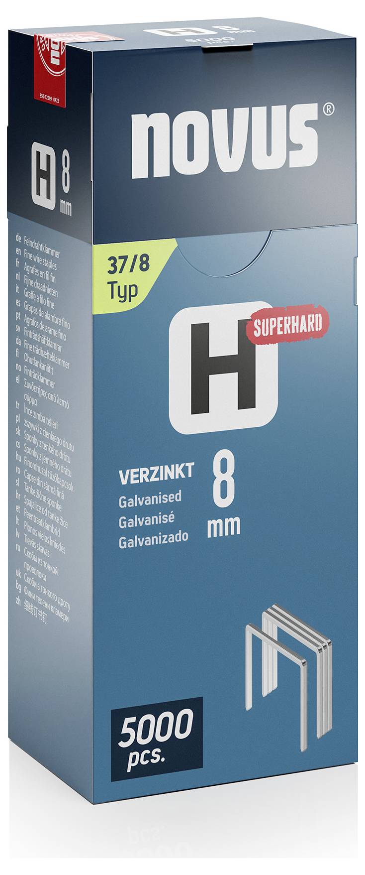 The image depicts packaging for Novus staples, Type 37/8, galvanised, 8 mm in size, with a content of 5,000 pieces.
