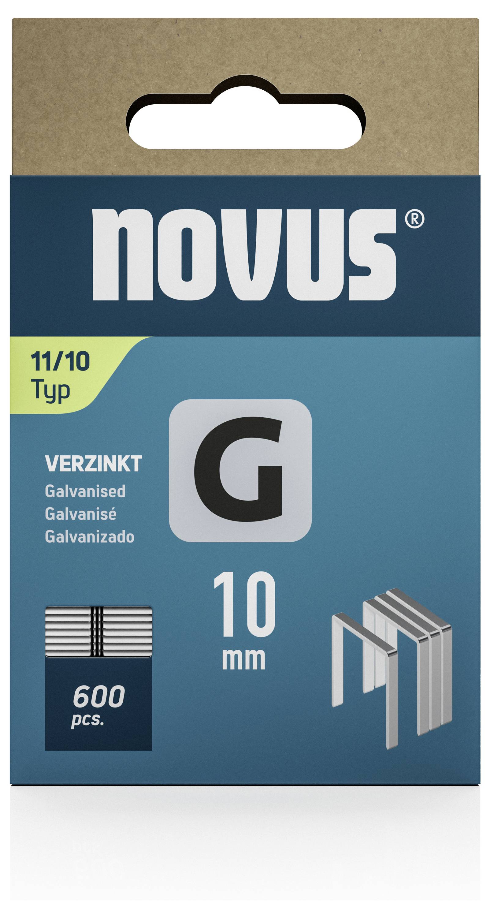 Pack of grey staples 'Type G', 10 mm, galvanised, 600 pieces. Includes image of staples and multilingual labelling.