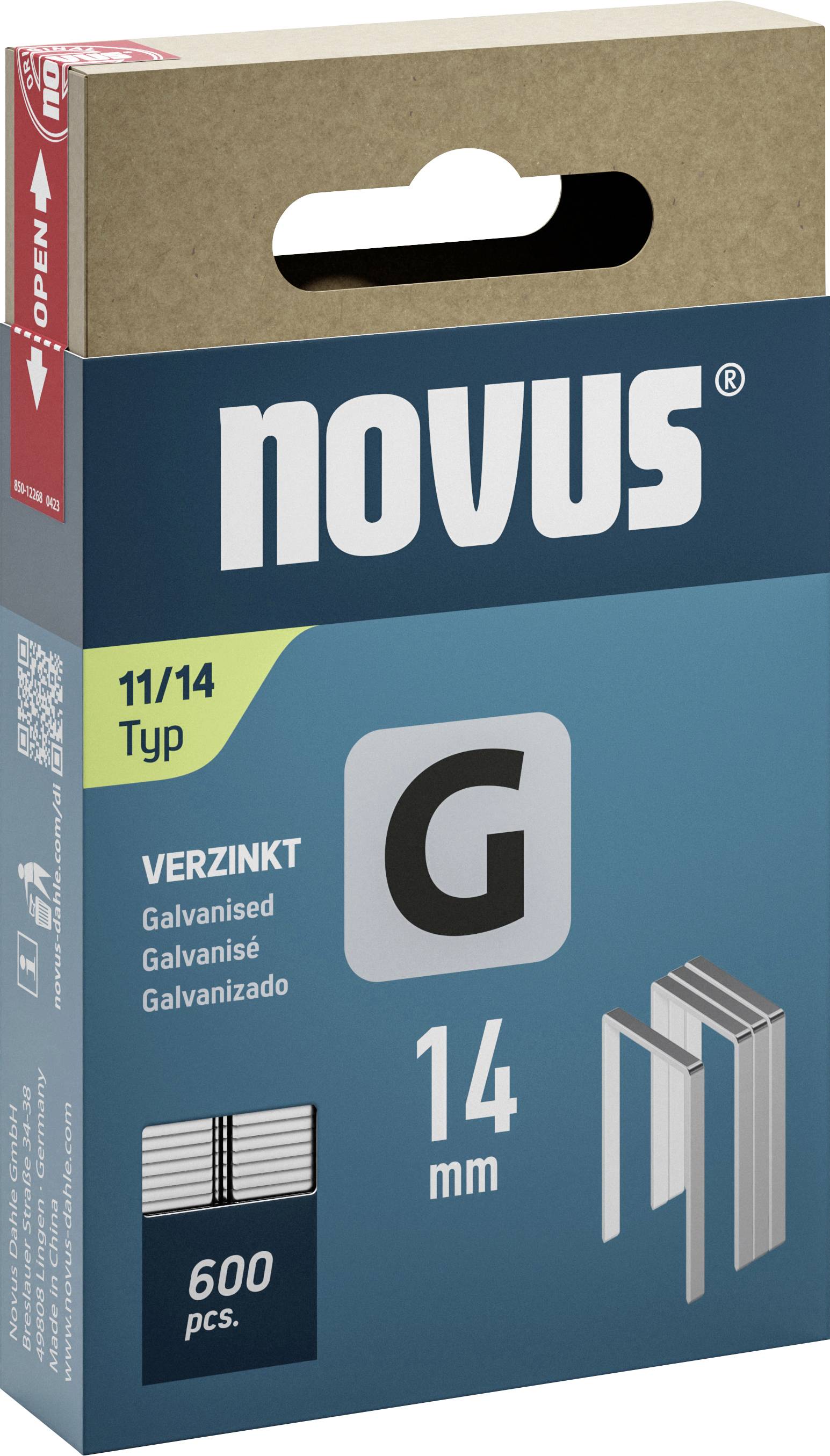 Packaging containing Novus staples, Type 11/14, galvanised, 14 mm. Contains 600 pieces. Red opening instruction on top left.