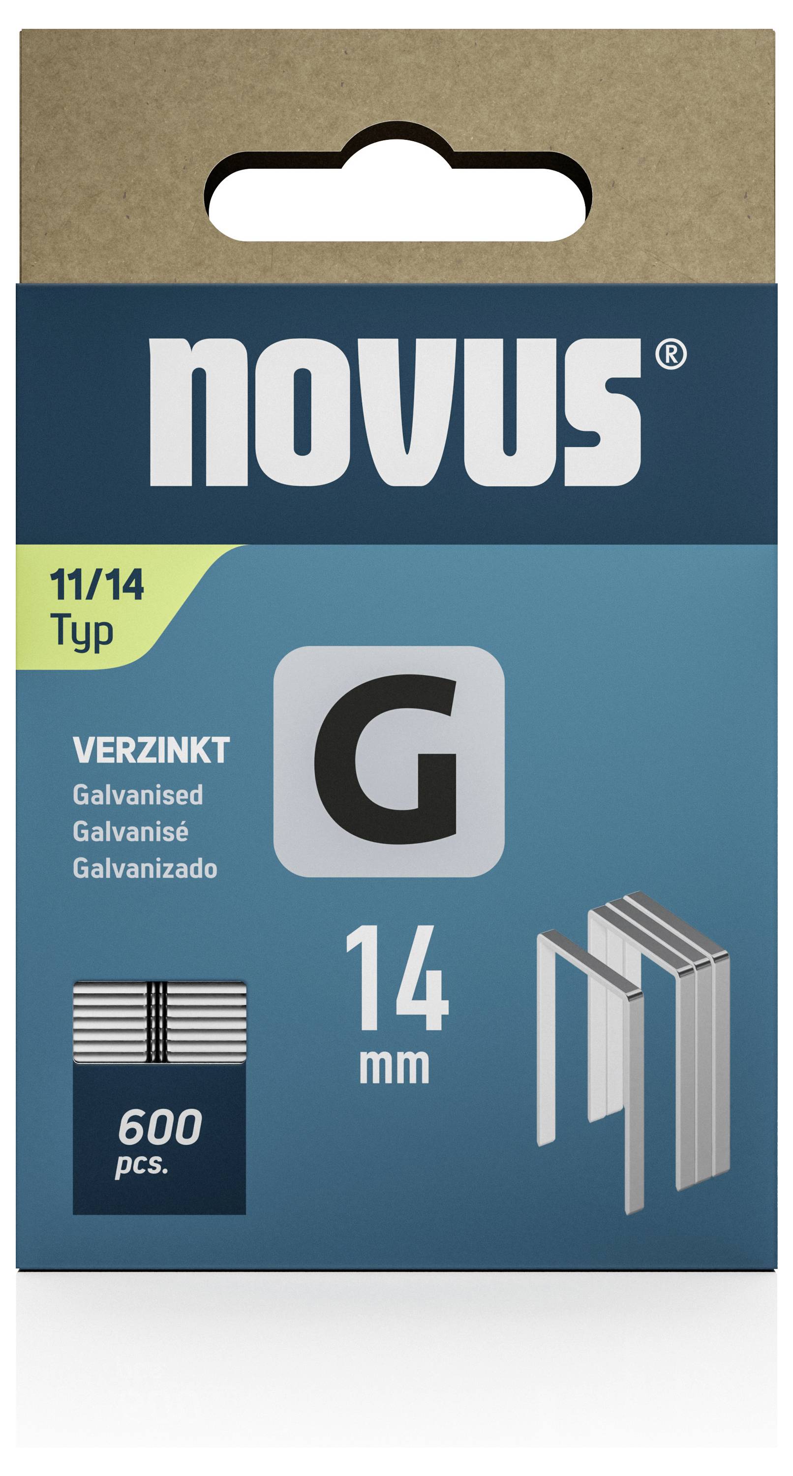 'Novus' staples with clips, Type 11/14 G. Galvanised, 14 mm. Contains 600 pieces.