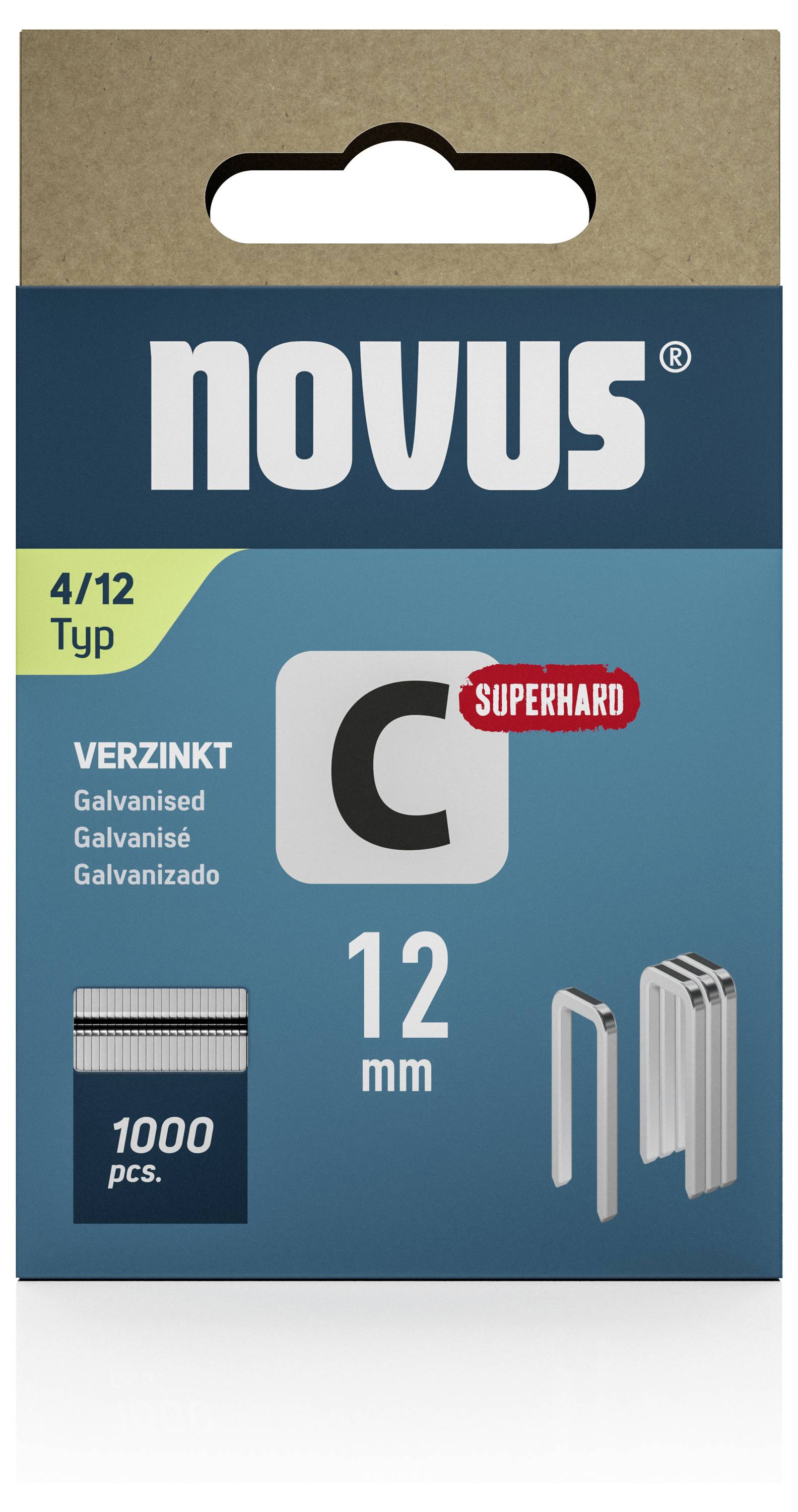 'Packaging: Novus Superhard C-Type Staples, 12 mm, galvanised, pack of 1000.'