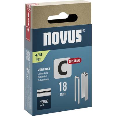 Packaging of Novus Staples Type 4/18 Superhard, galvanised, 18 mm, 1000 pieces. Suitable for special, heavy-duty applications.
