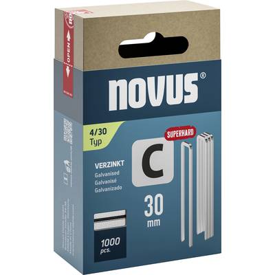 Pack of 1000 galvanised C-type staples, 30 mm, suitable for heavy-duty applications. Brand is 'Novus'.