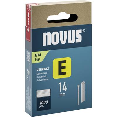 Packaging for Novus J/14 Type E Staples. Contains 1000 galvanised staples, 14 mm long. Opening instructions on the left side of the packaging.