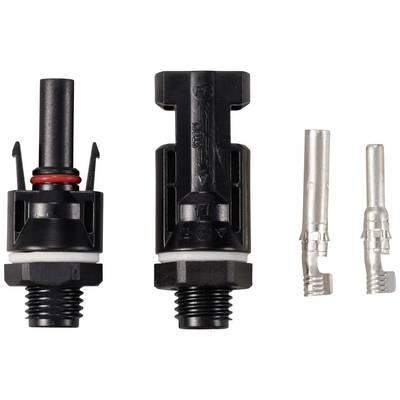 Two black connectors and two metallic contacts for solar modules. The connectors have seals and threads.
