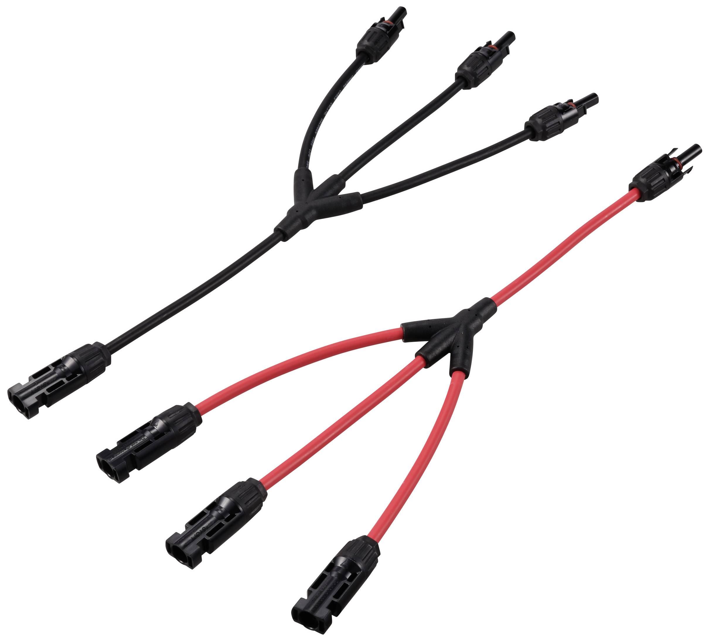 Two Y-branching cables, one black and one red, both with three connectors at each end, suitable for solar installations.
