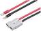 Two coloured cables, red and black, each with ring terminals and connected to a grey plug. They are commonly used in electrical applications.