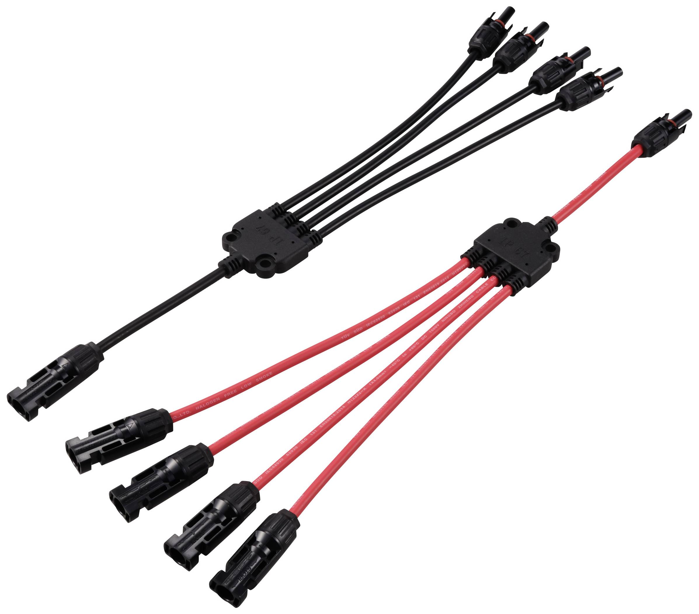 4 to 1 branch PV solar connector cable, female to 4 male + male to 4 female set TC-12195724 Black, Red TRU COMPONENTS Content: 2 pc(s)