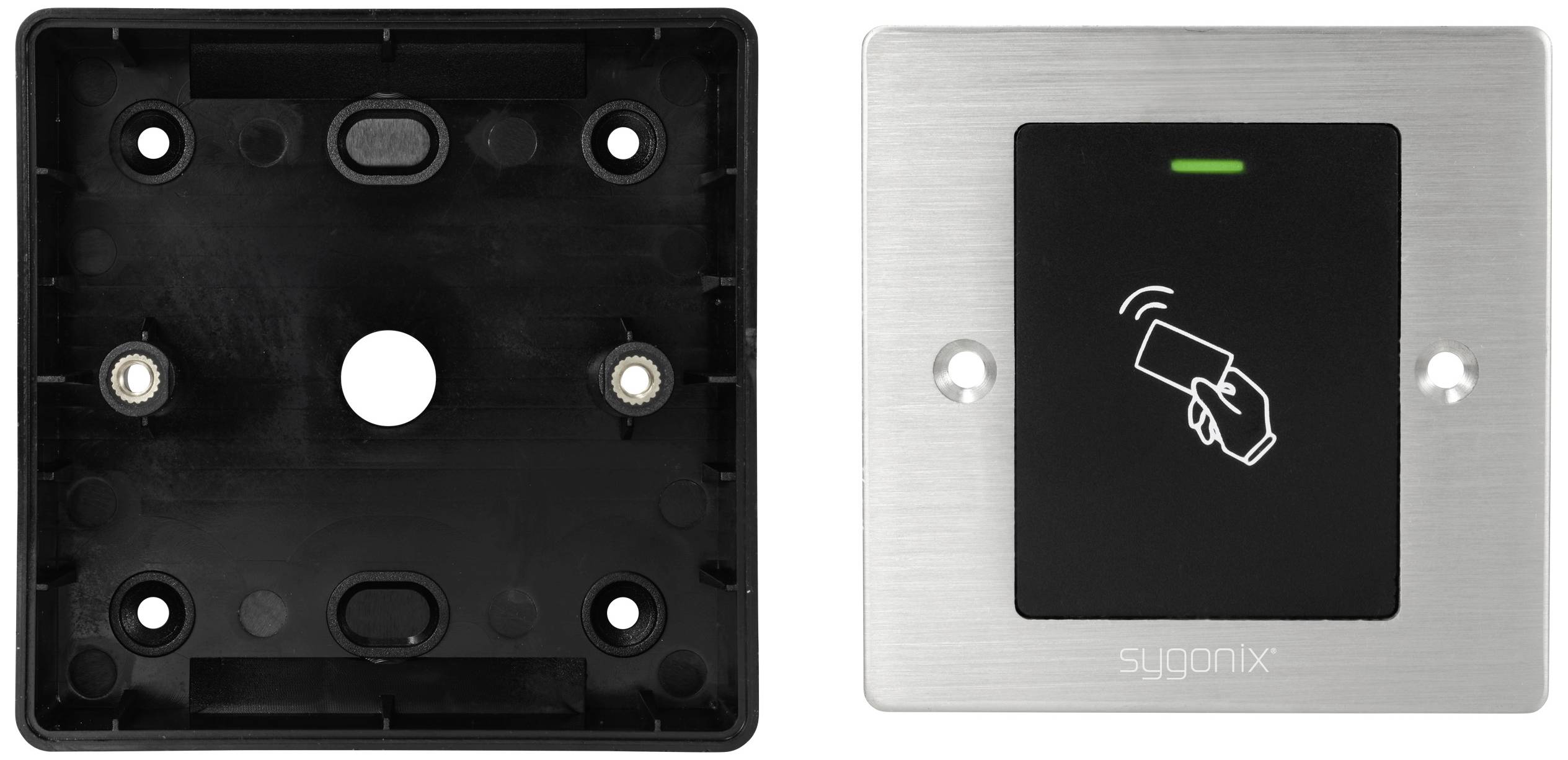 A stainless steel-effect RFID card reader next to an empty black mounting plate. The reader displays a symbol of a hand holding a card.