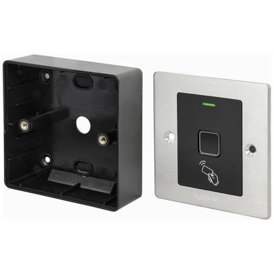 A silver-coloured door handle with a fingerprint scanner and contactless payment symbol on the front, positioned next to an empty mounting frame.