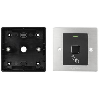A stainless steel door handle with fingerprint scanner and NFC technology, with an empty mounting box on the left.
