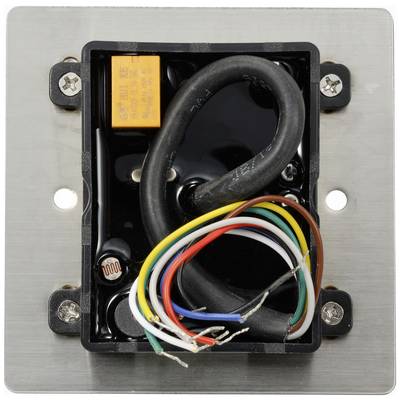 Electronic circuit with various coloured wires and an orange component in a metallic enclosure.