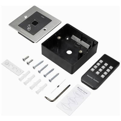 A RFID door lock set with card reader, mounting bracket, remote control, screws, wall plugs, wall plate, hexagonal key, and instruction cards.