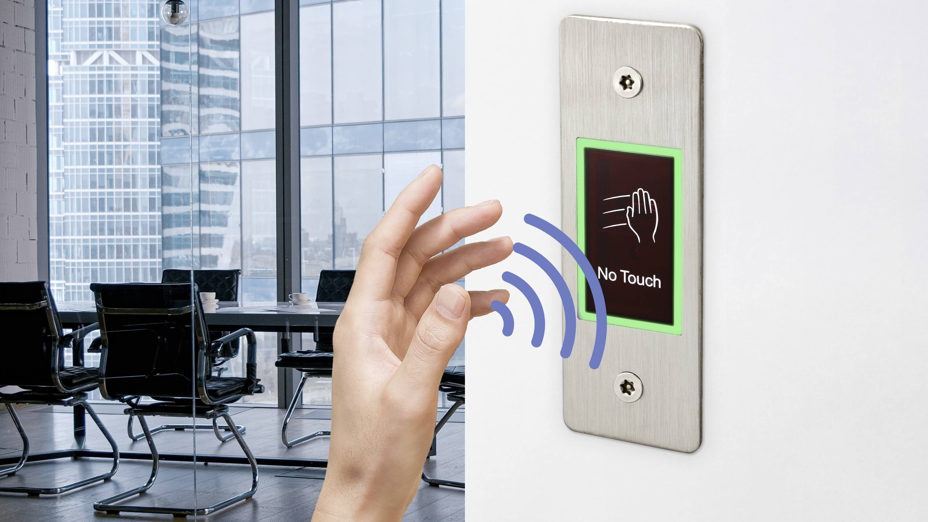 A hand approaches a touchless door opener with the inscription 'No Touch', with a conference room in the background.