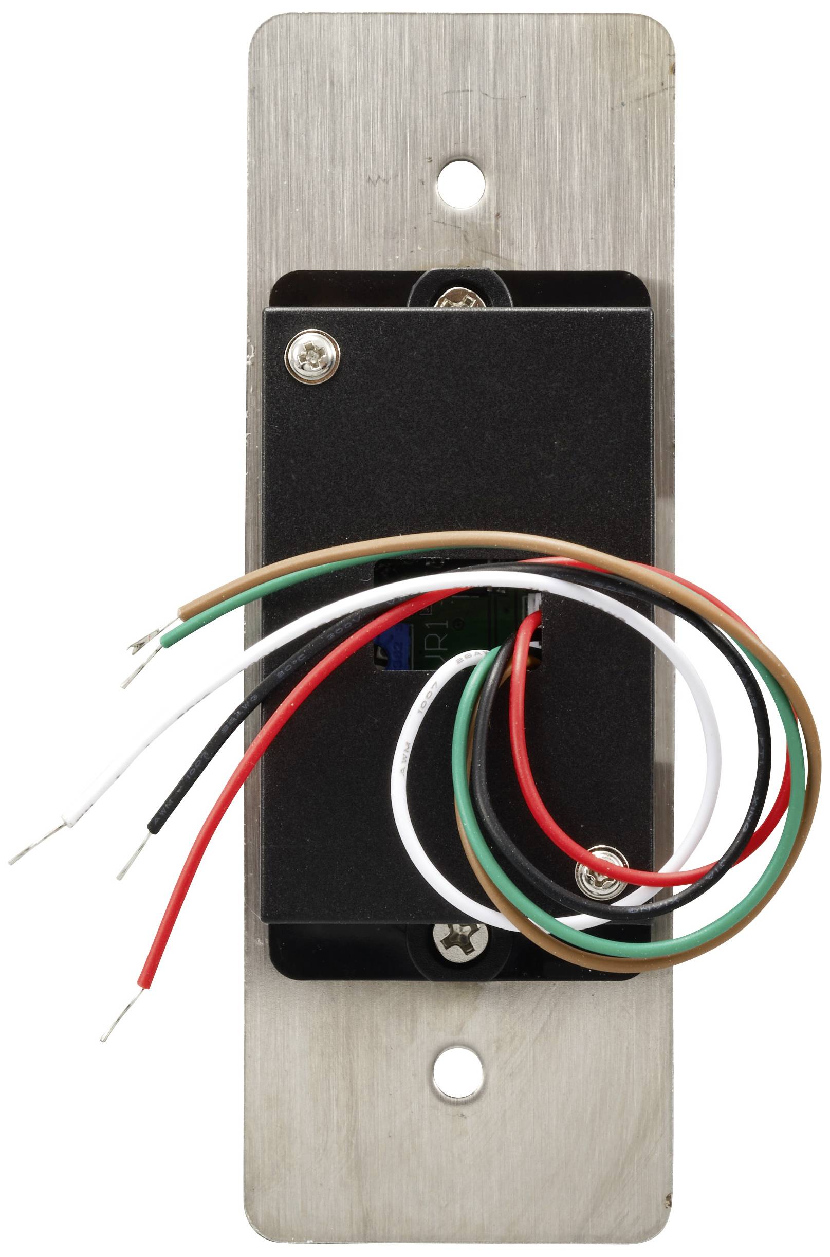 An electrical connection with multiple coloured wires, mounted on a metal plate.