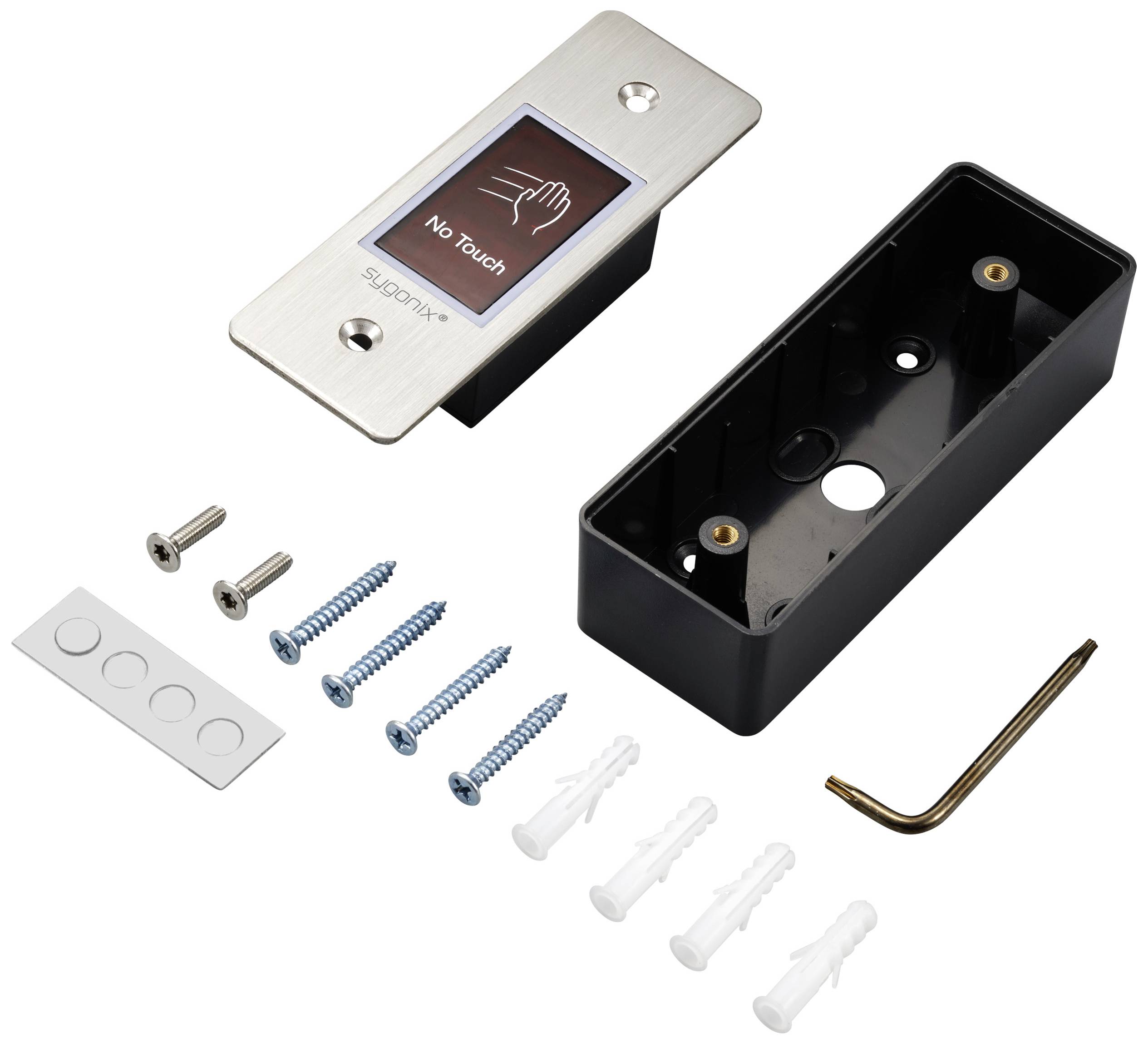 Door sensor kit with touchless sensor, mounting plate, screws, wall plugs, and Allen key. Sensor displays 'No Touch' symbol.