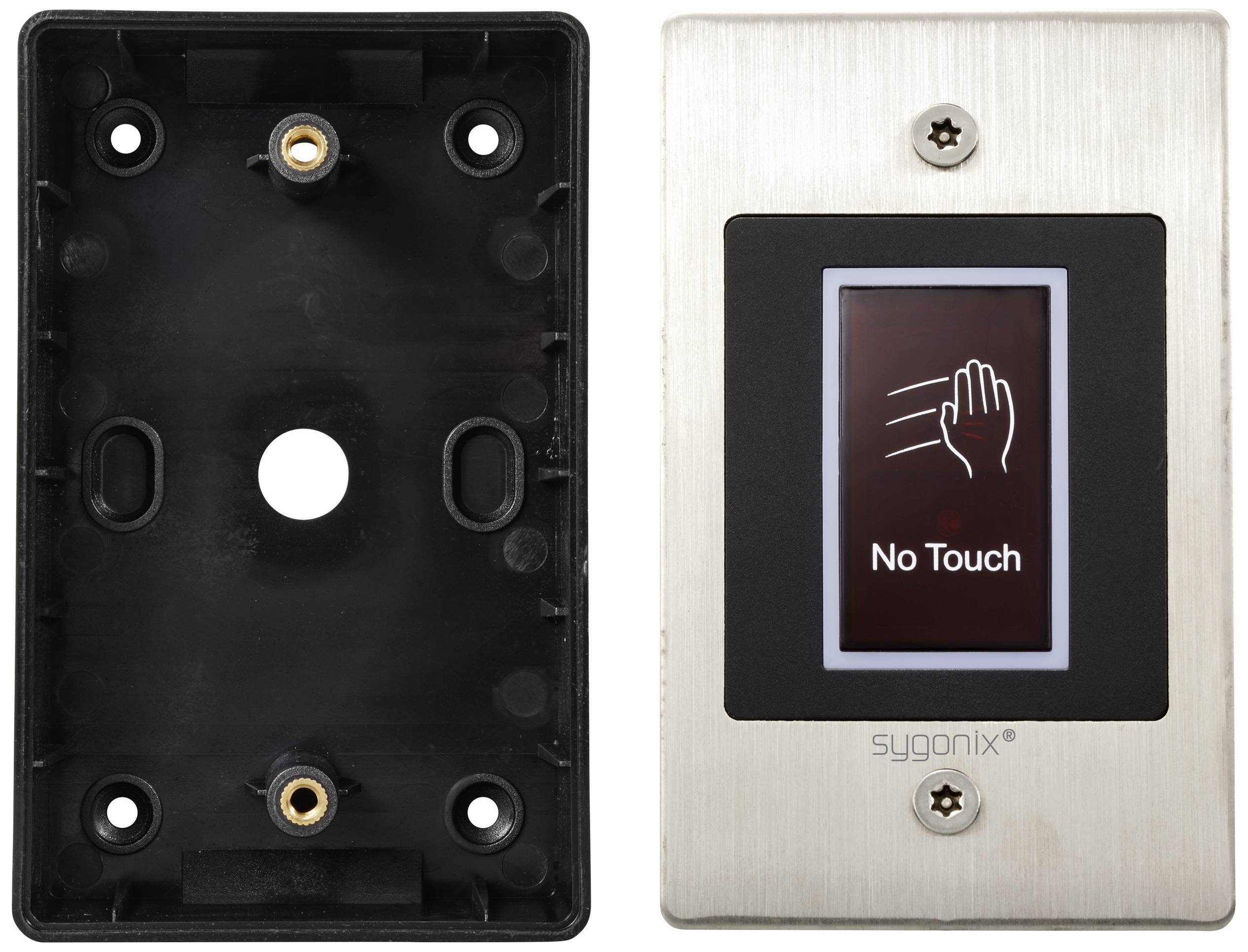 Touchless switch beside the housing plate, base plate is empty, the switch displays a hand and the text "No Touch".