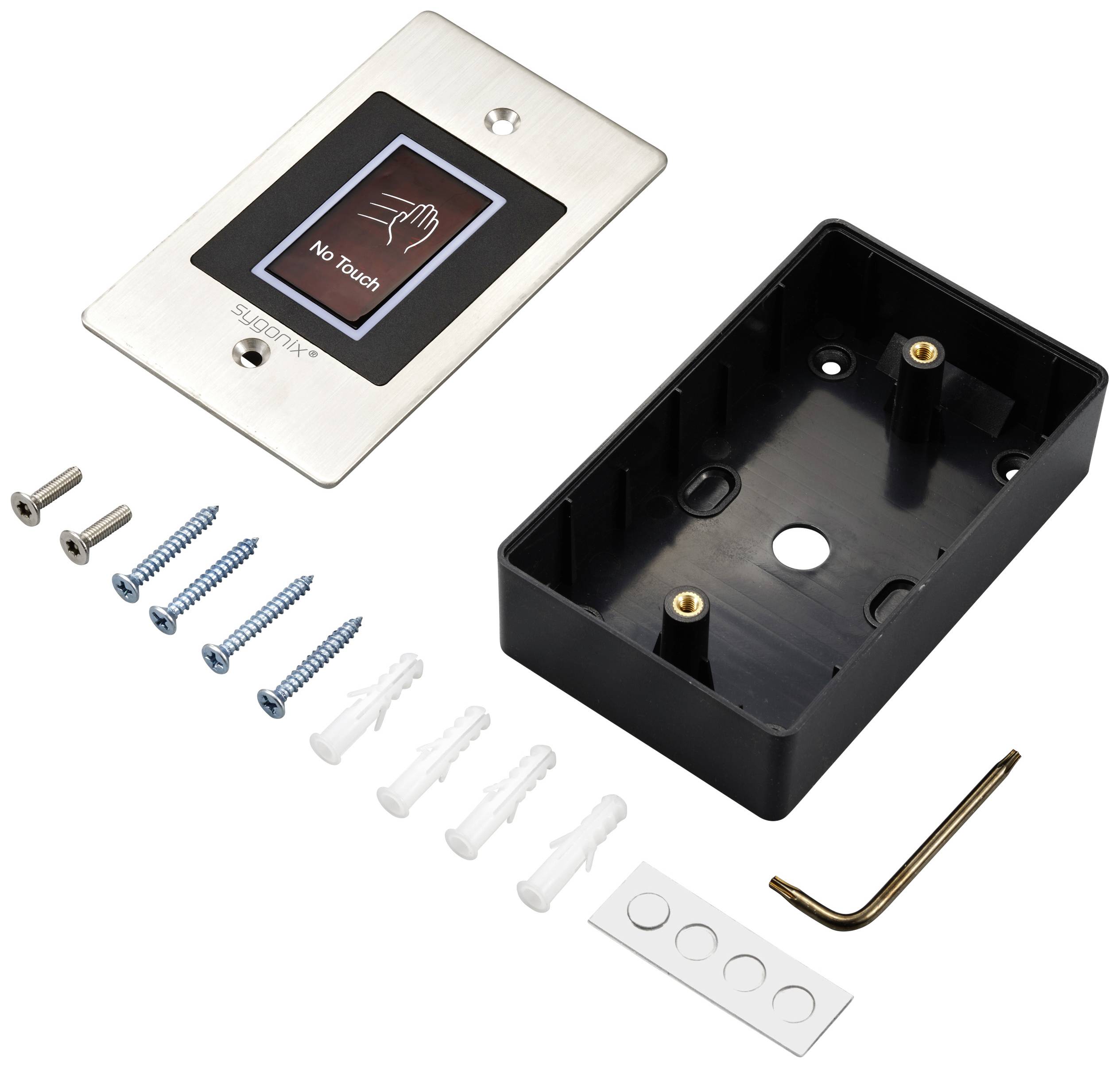 Contactless switch with housing and mounting hardware. The display reads 'No Touch'. Suitable for hygienic applications.