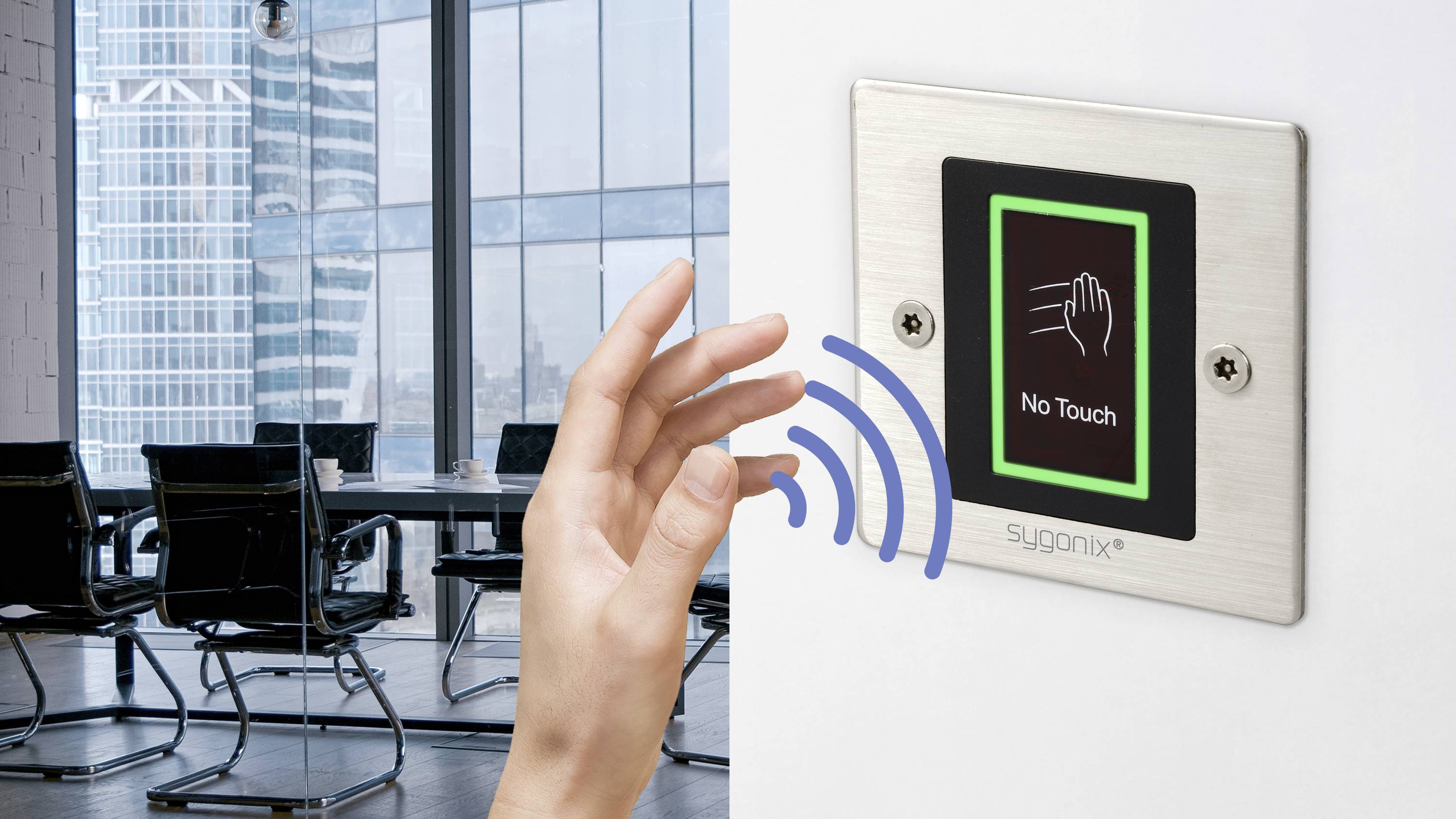 A hand approaches a touchless switch with the label 'No Touch' in a modern office building.