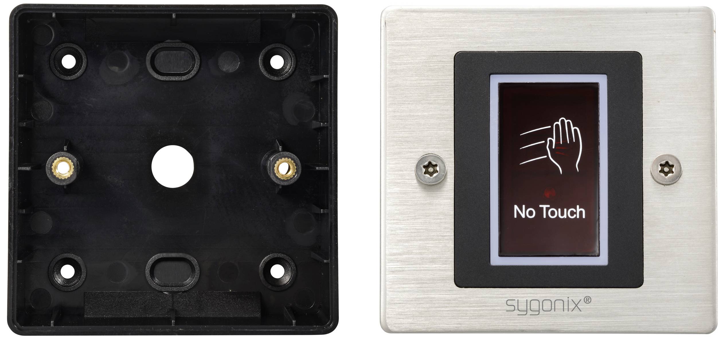 Links: Empty mounting plate. Right: Contactless switch plate with 'No Touch' indicator and hand gesture symbol.