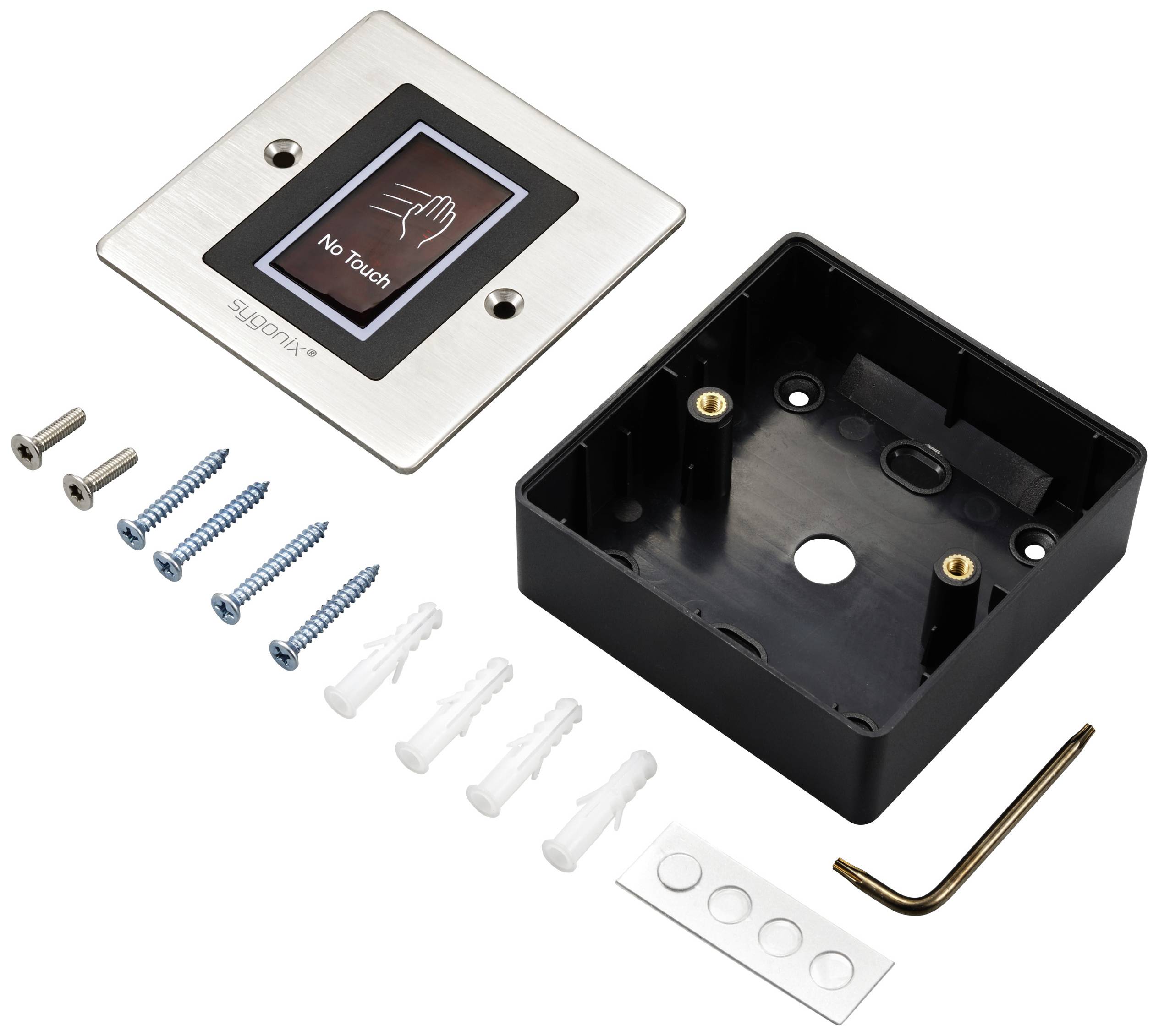 Contactless switch for control, with accessories such as screws and mounting plate. Display shows 'No Touch'.