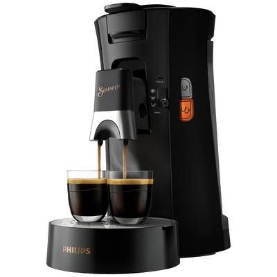 A black Senseo coffee machine by Philips is brewing two espresso cups simultaneously.