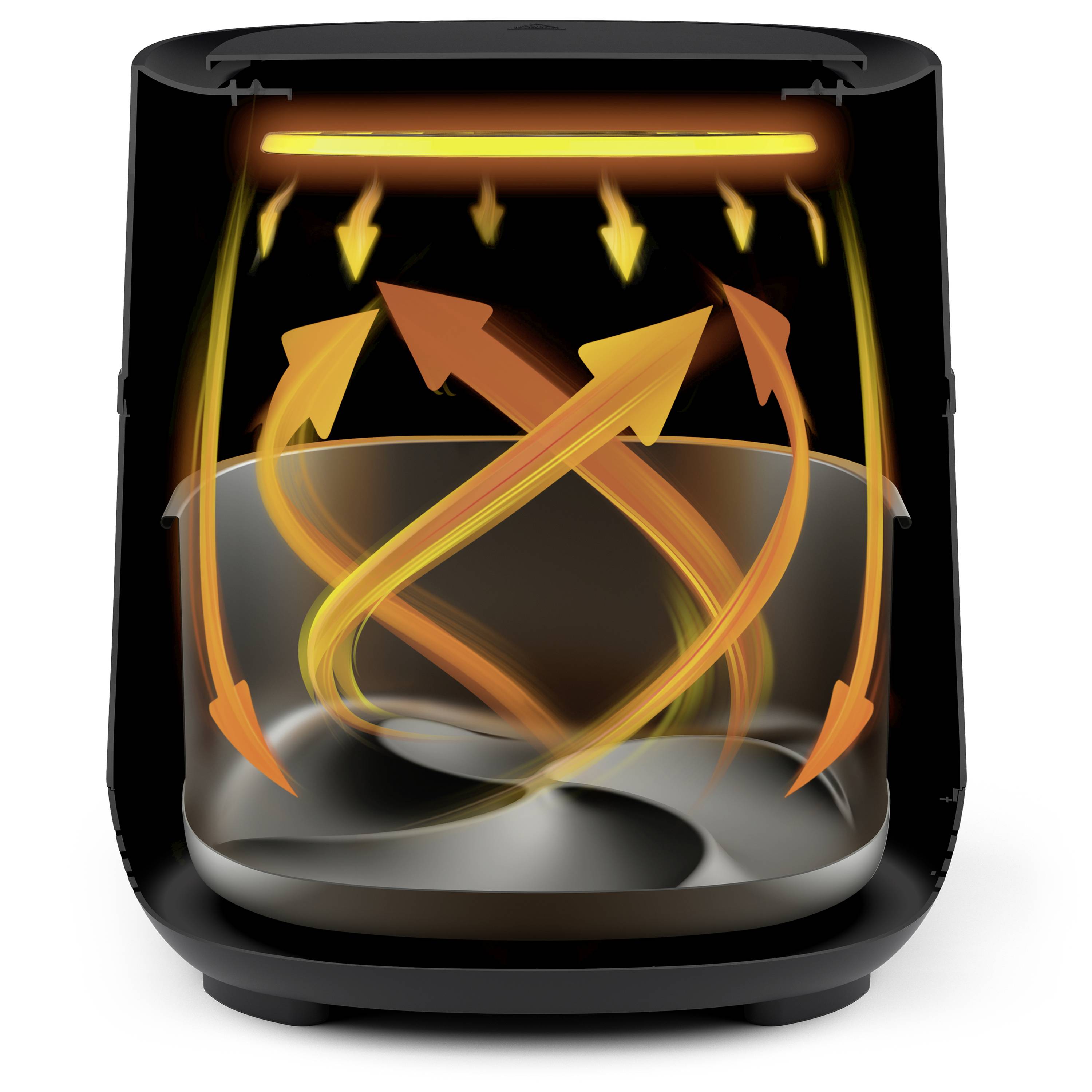 An air fryer with hot air circulation. Yellow arrows show the circular movement of warm air inside the device.