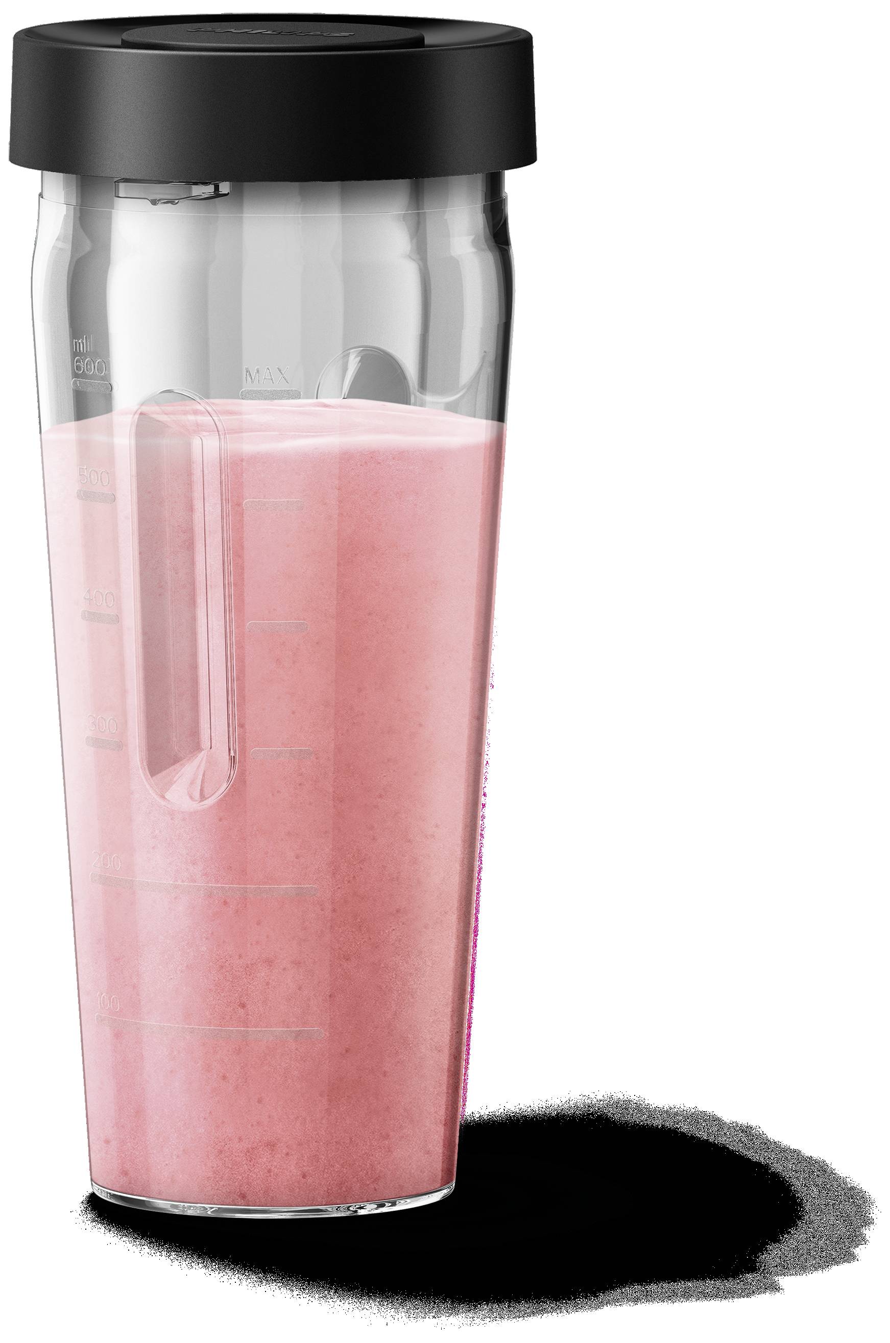 Glass of pink smoothie, filled halfway, with a black lid. The surface of the drink is smooth and creamy.