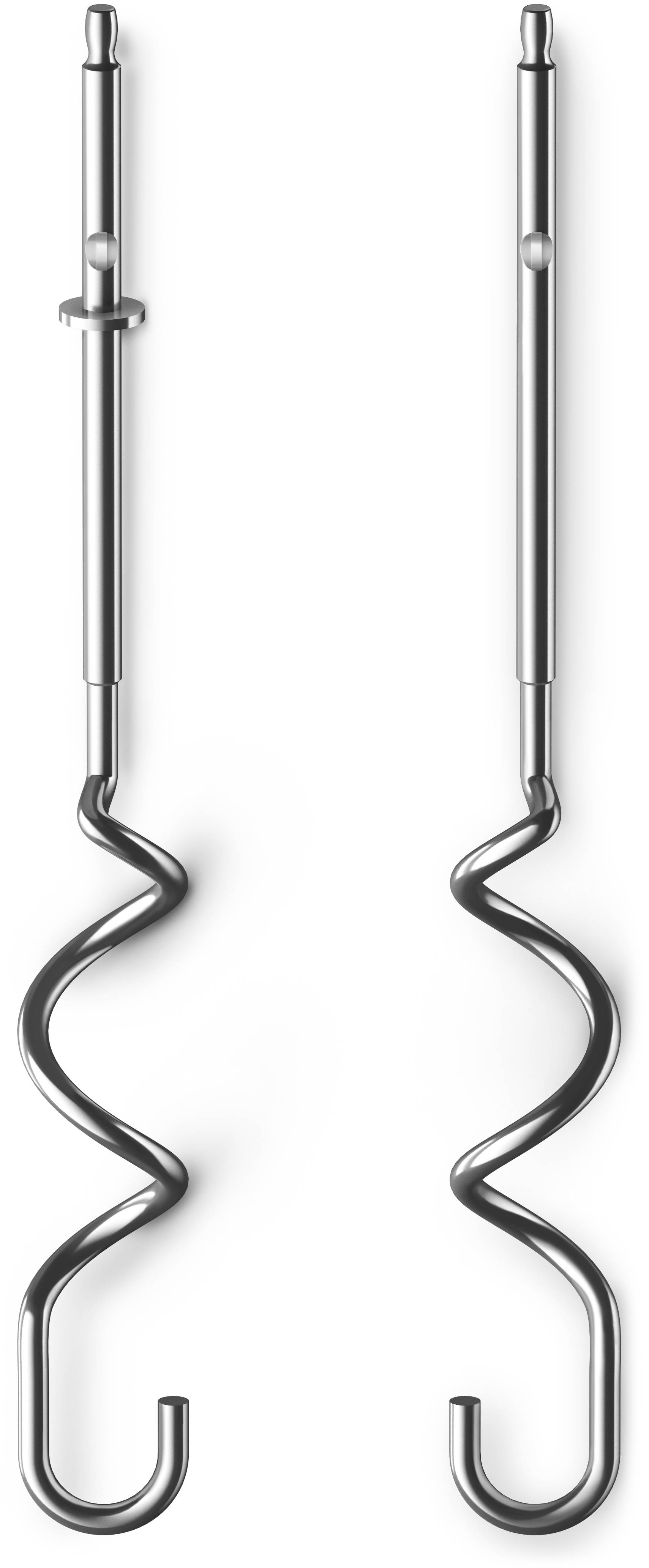Two metal dough hooks for a food mixer, each with a spiral design and a hook at the end.