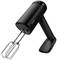 Black hand mixer with two whisks, ergonomic handle and brand logo on the side, in a brightly lit room.
